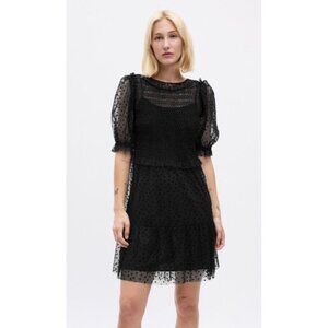 Gap Puff Sleeve Black Mini Dress, Size XS Evening, Cocktail Party, Sheer Mesh